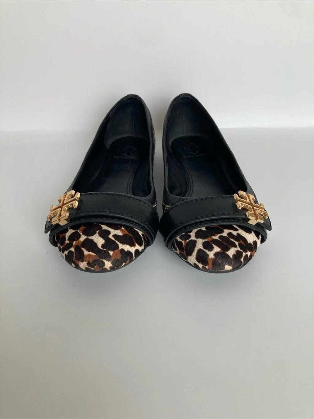 Tory Burch Eloise Black Leather & Leopard Print Cap-Toe Ballet Flats